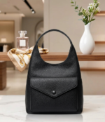 Premium Black Pebble Leather Hobo Shoulder Bag - Trendy Sling Bag with Front Flap for Women