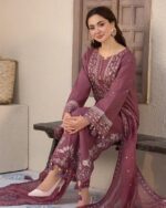 Luxurious Wine Embroidered Arabic Lawn 3-Piece Suit | Elegant Chiffon Dupatta - Summer Collection 2026 - Image 3