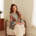 Printed Lawn 2 Piece Stitched Suit - Pink & Teal Ethnic Kurta with Cream Wide Leg Trouser