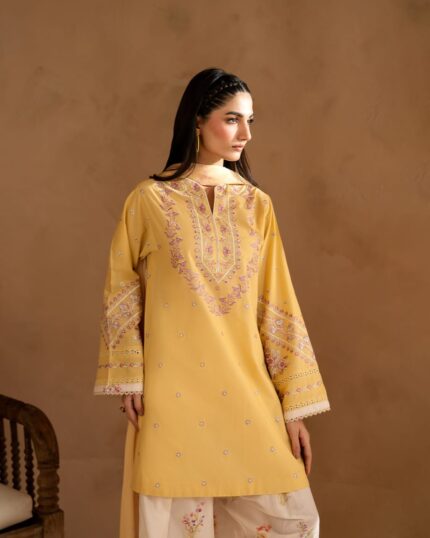 Luxury Yellow Stitched Lawn Suit - Floral Chikankari Embroidery with Lace Detailing