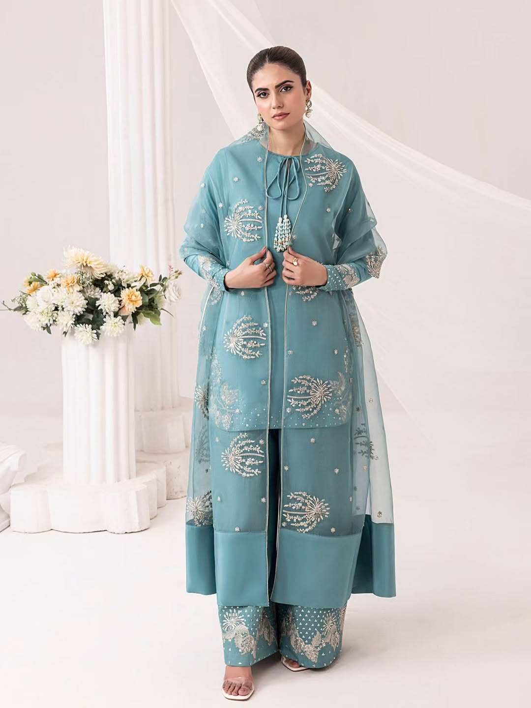 WhatsApp Image 2026-07-20 at 11.11.16 PM (1) Teal Serenity Embroidered Organza Stitched 3-Piece Set - Image 1