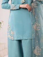 Teal Serenity Embroidered Organza Stitched 3-Piece Set - Image 4