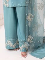 Teal Serenity Embroidered Organza Stitched 3-Piece Set - Image 3
